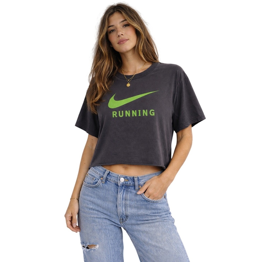 NIKE‎ Running Y2K Cropped Tee Faded Black Neon Swoosh Vintage Grunge L